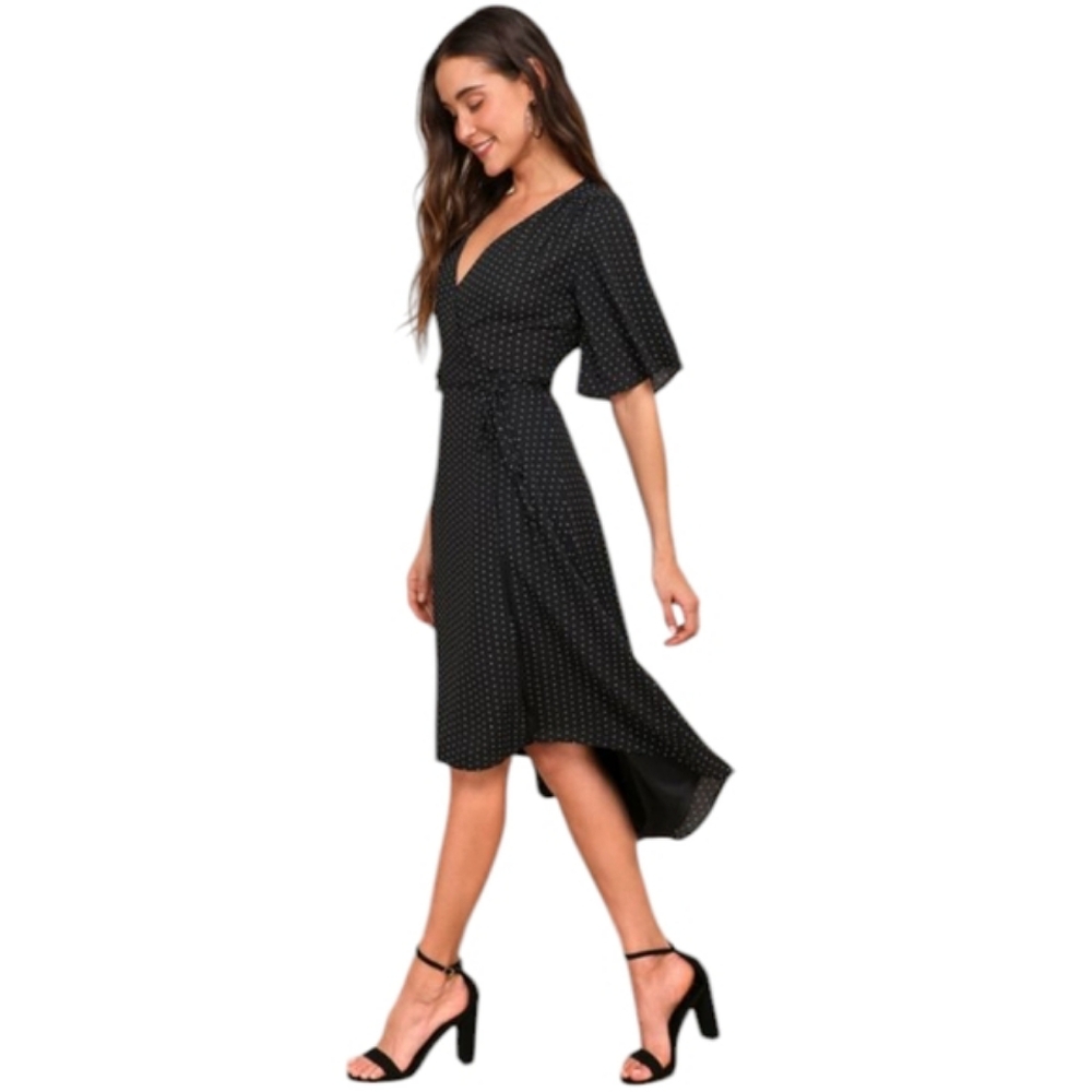 New Lulus Farrah Black Printed Wrap Midi Dress Womens Sz Small